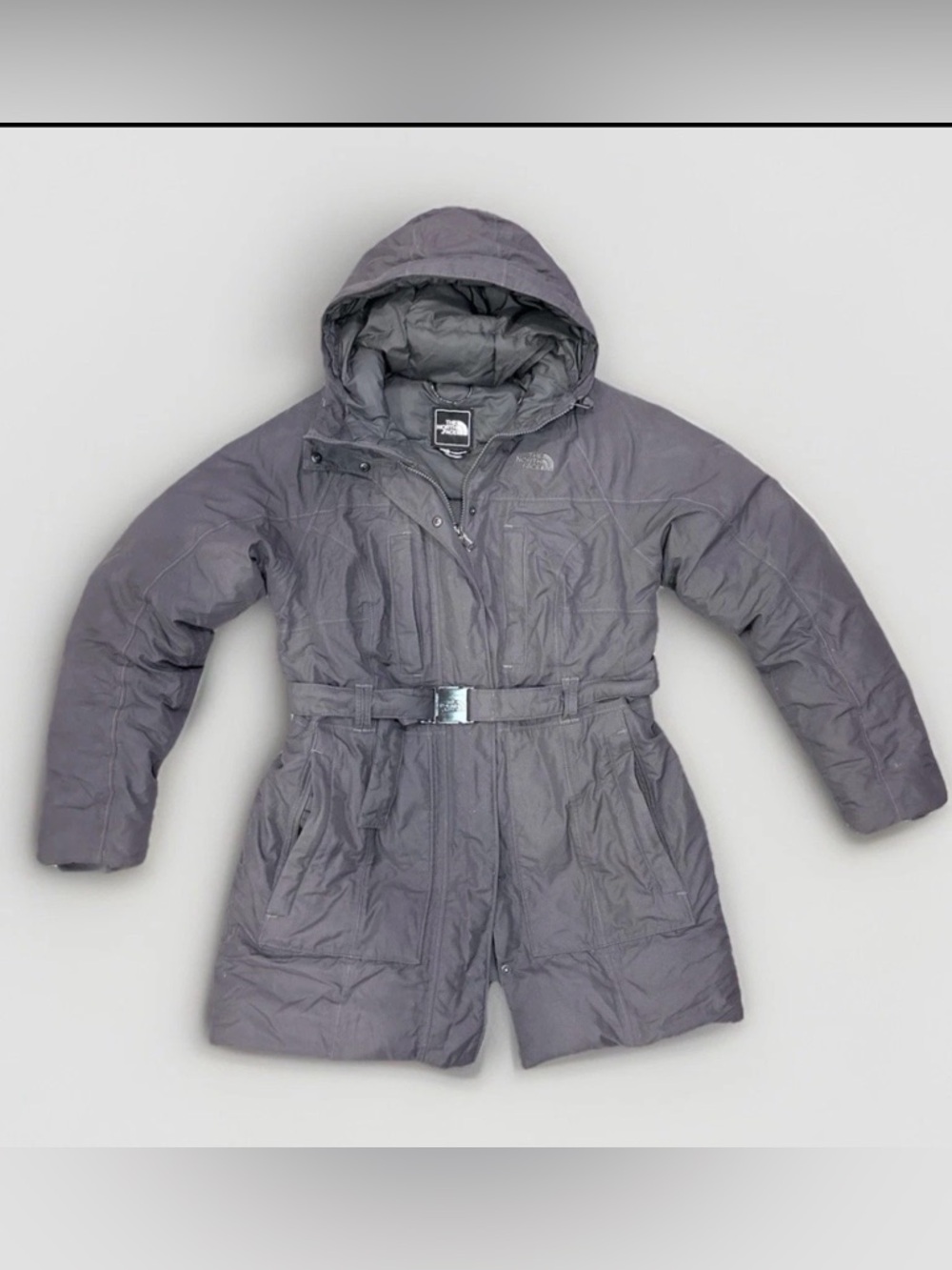 The North Face Women's Gray Hooded Belted HyVent Mid-Length Parka Coat Size M